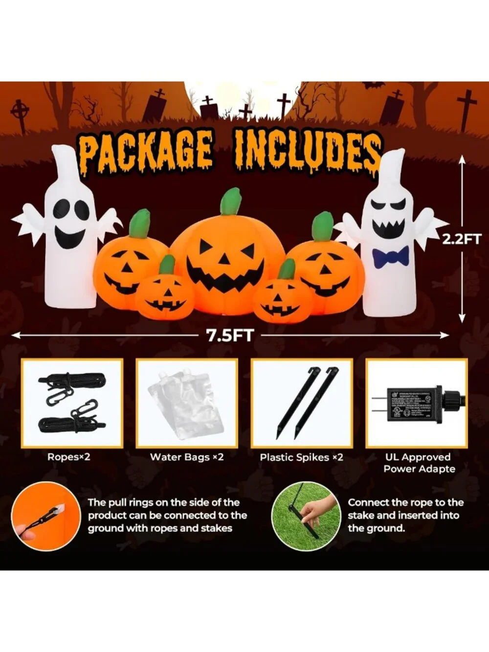 7.5FT Inflatable Halloween Pumpkin Decor with LED Lights for Outdoor Party